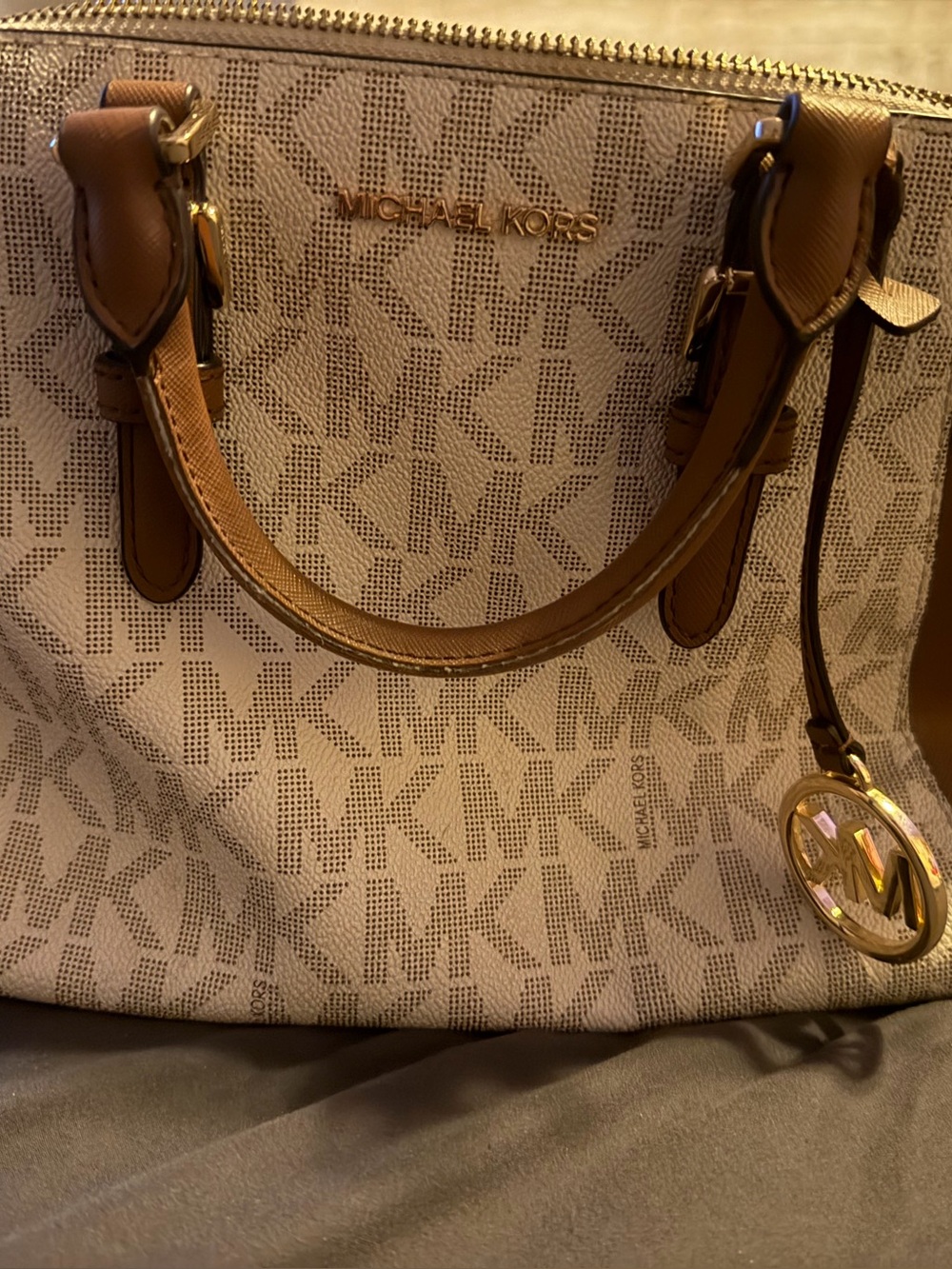 Michael Kors Beige and Brown Logo Satchel with Gold Hardware